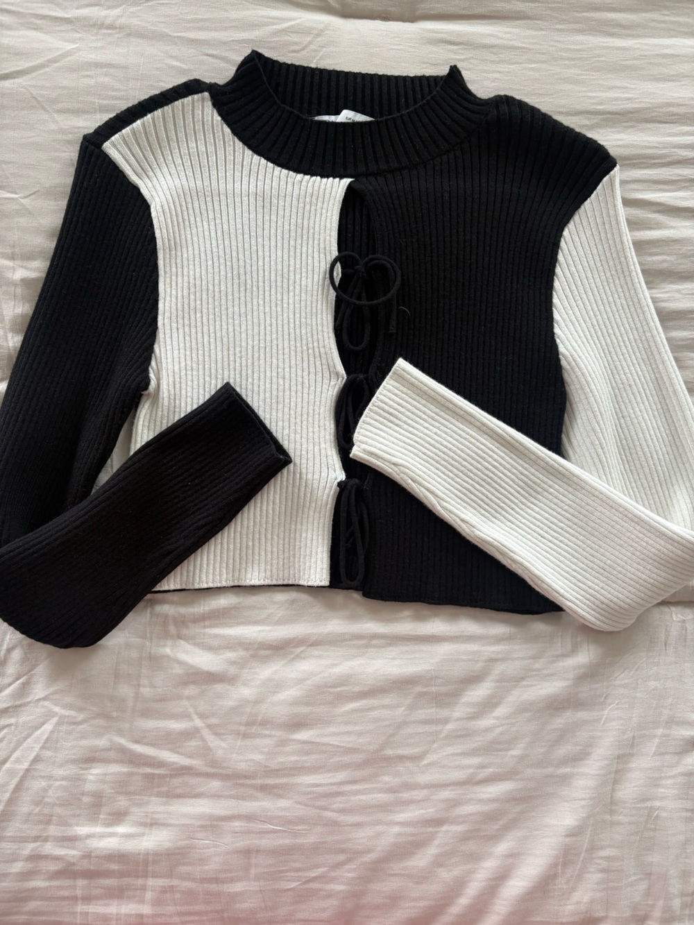Zara Black and White Ribbed Tie-Front Off-Shoulder Sweater
